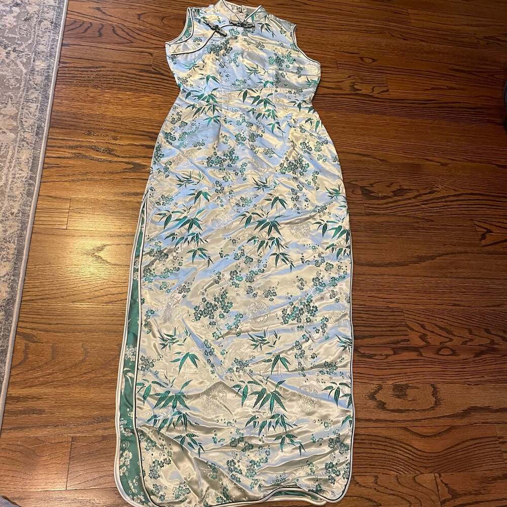 Vintage Sleeveless Cheongsam Qipao Dress White Green Floral Bamboo Print